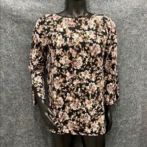 NEW J Jill WOMENS LARGE PETITE Black Pink Luxe Supima Split-Sleeve Floral Tunic
